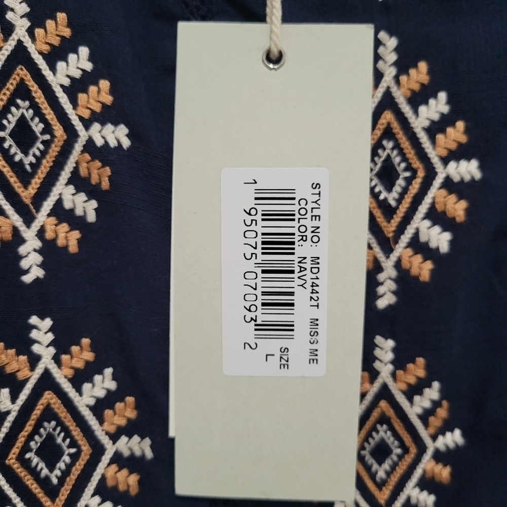 MISS ME Embroidered Ruffle Trim Mini Dress,  sleeveless SZ L NWT - Picture 5 of 12